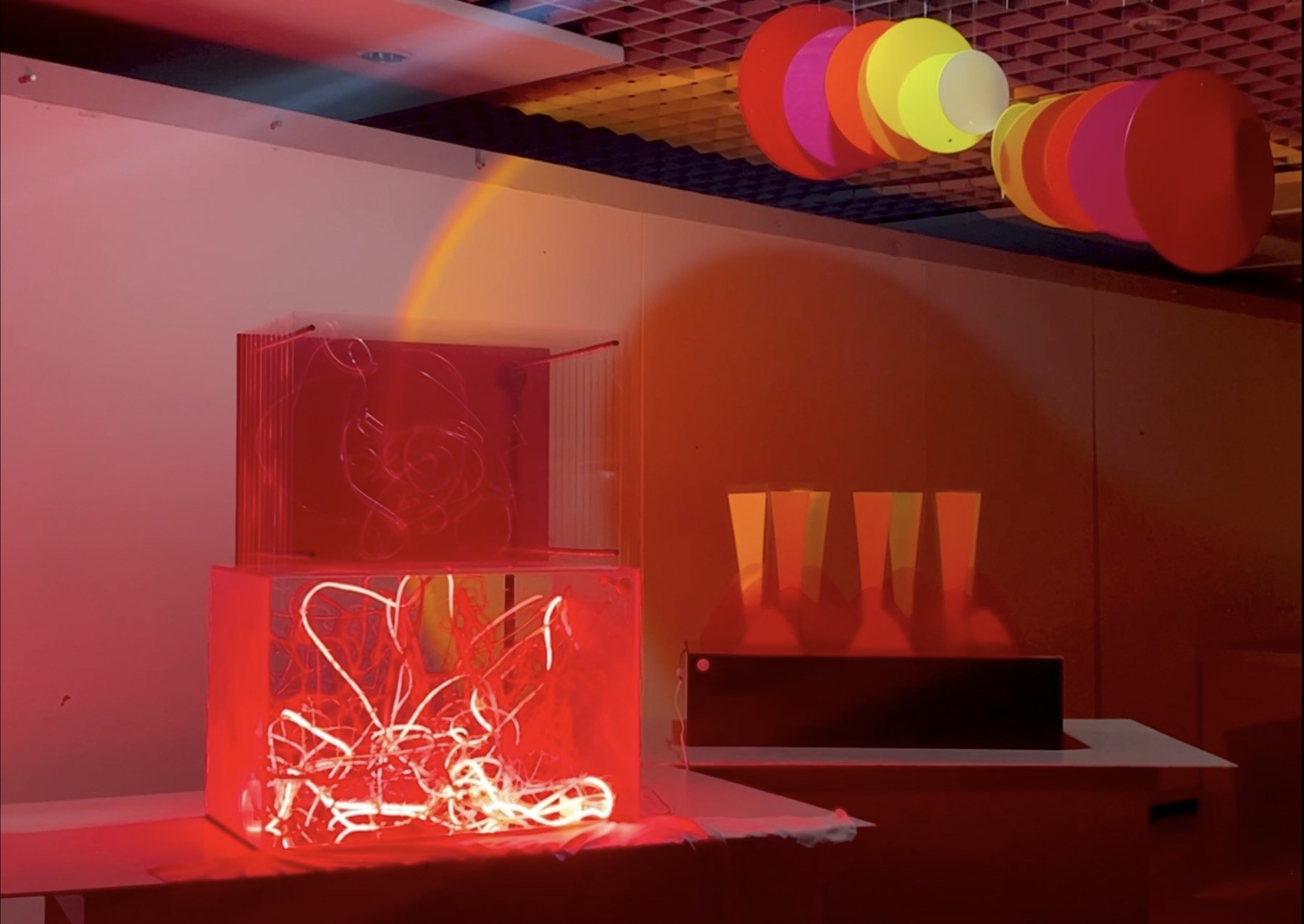 Wide installation view from Acne with red light and audience movement
