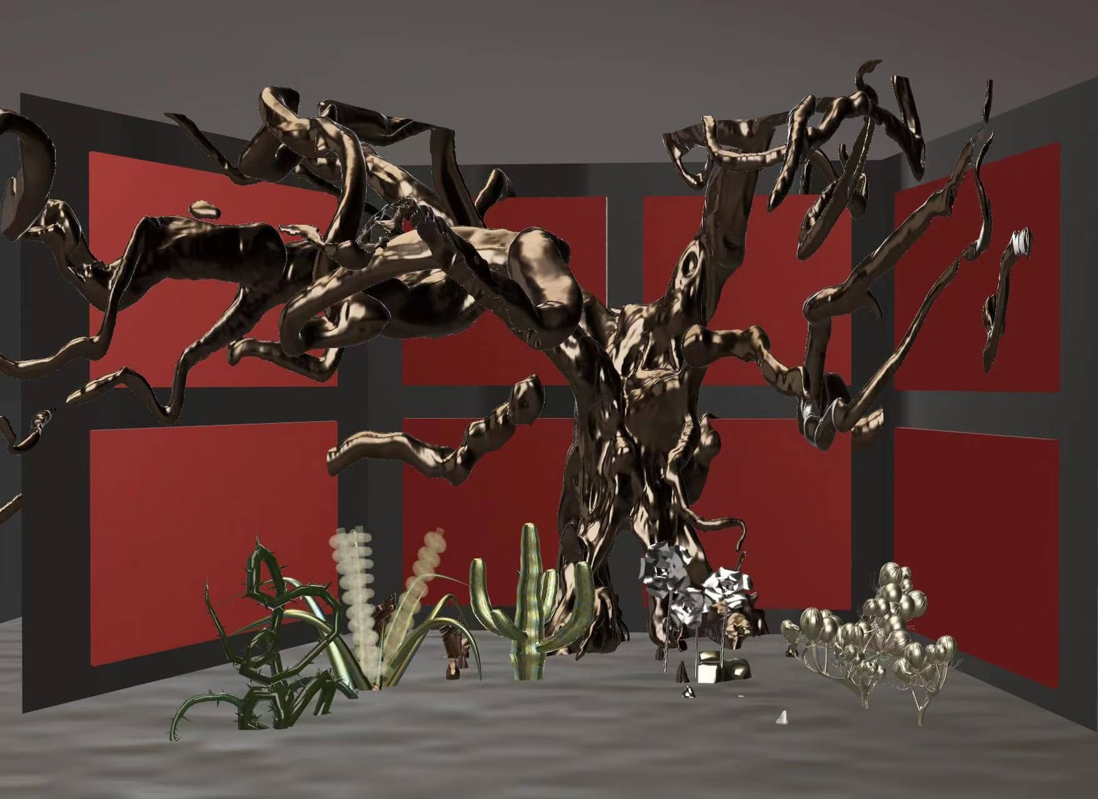 Black-background AR red room scene from Sower with sculptural plant forms